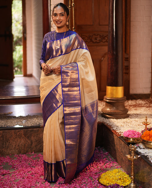 Off-White-Dark Blue Vasundhara Lite Silk Mix Saree