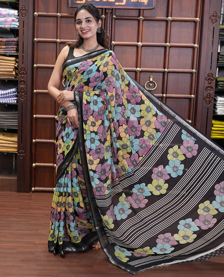 Black Georgette Saree Features Colorful Floral Print, a Zari Temple Border, a Printed Pallu, and a Matching Blouse