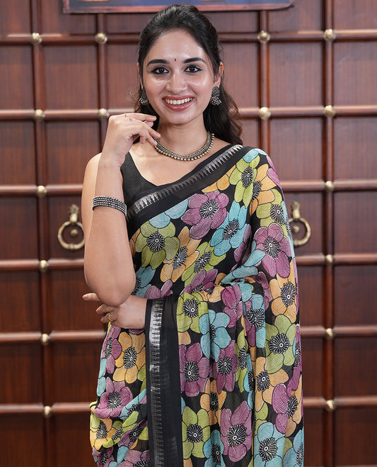 Black Georgette Saree Features Colorful Floral Print, a Zari Temple Border, a Printed Pallu, and a Matching Blouse