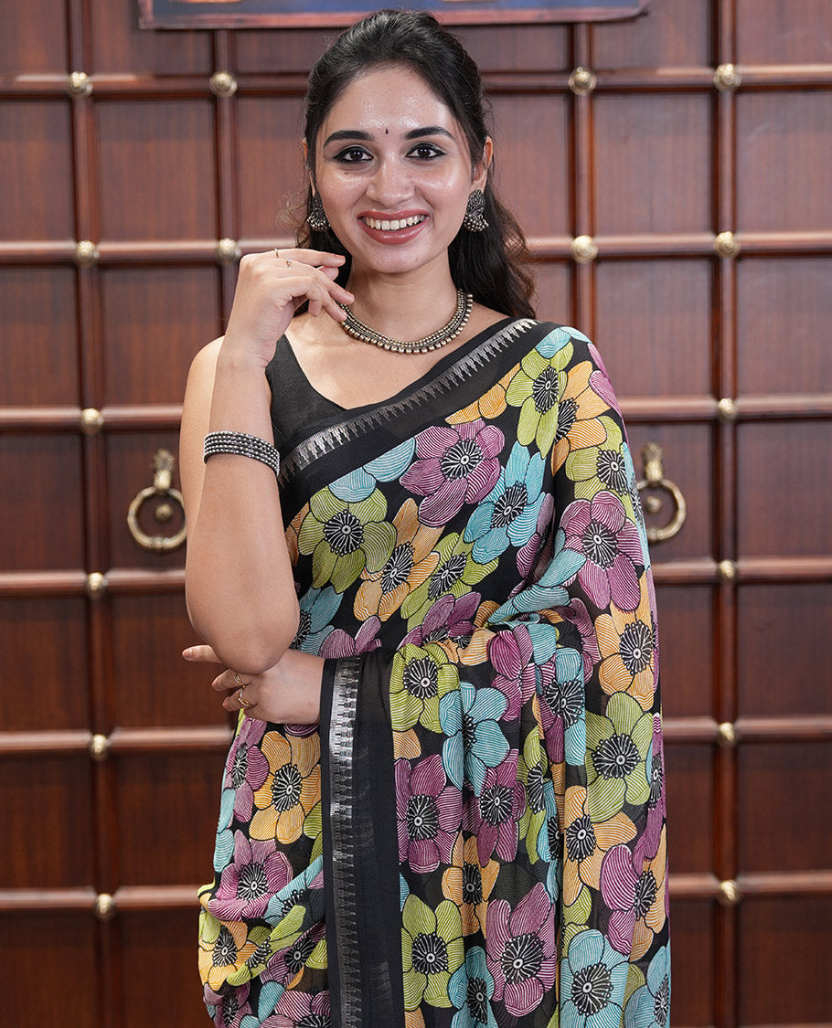 Black Georgette Saree Features Colorful Floral Print, a Zari Temple Border, a Printed Pallu, and a Matching Blouse