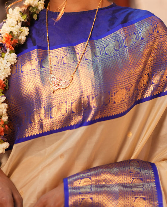 Off-White-Dark Blue Vasundhara Lite Silk Mix Saree