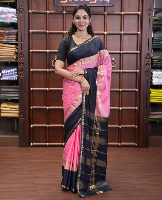 Pink Plain Art Mysore Silk Saree, a Contrast Traditional Zari Border, Zari Striped Pallu, and a Contrast Blouse