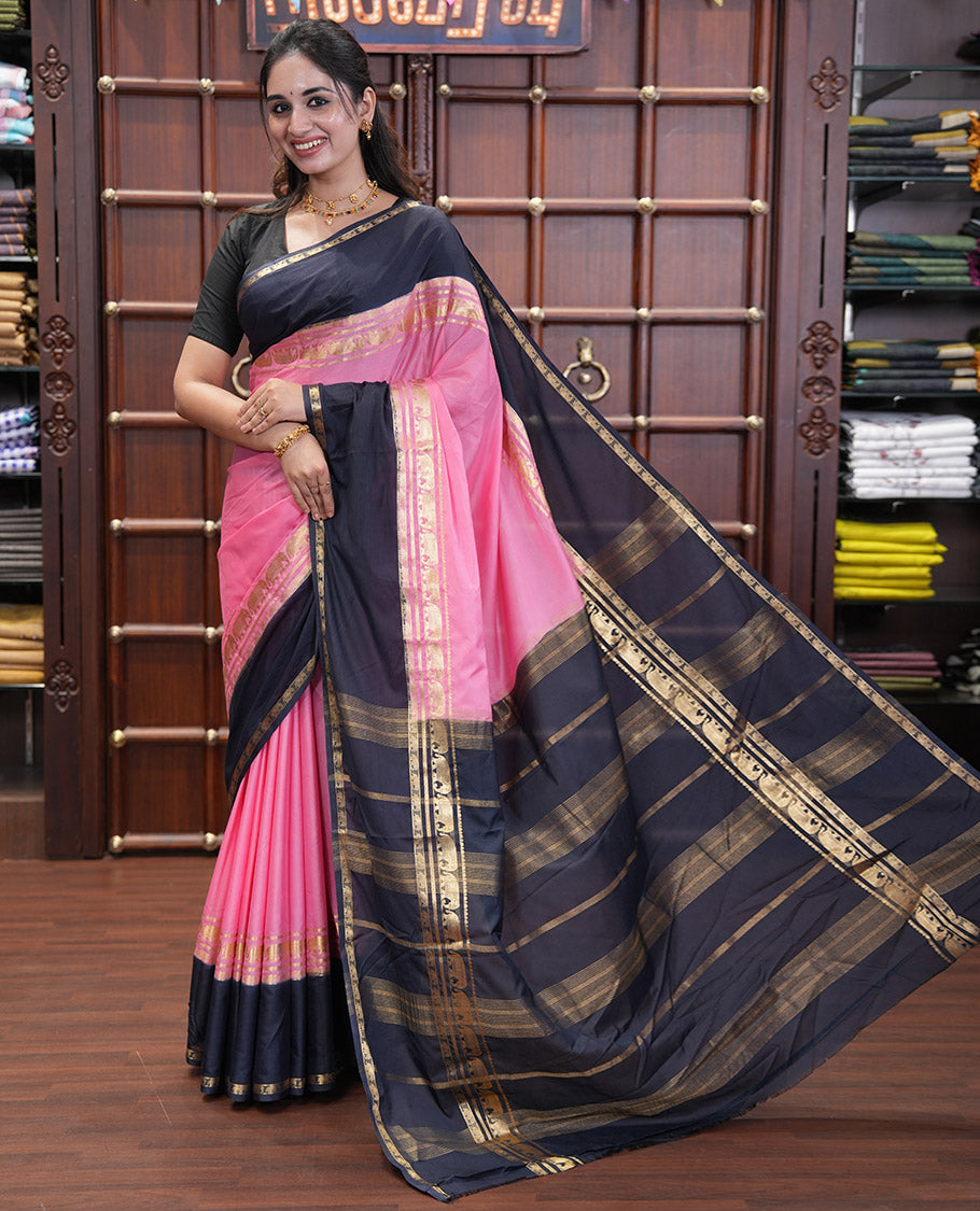 Pink Plain Art Mysore Silk Saree, a Contrast Traditional Zari Border, Zari Striped Pallu, and a Contrast Blouse