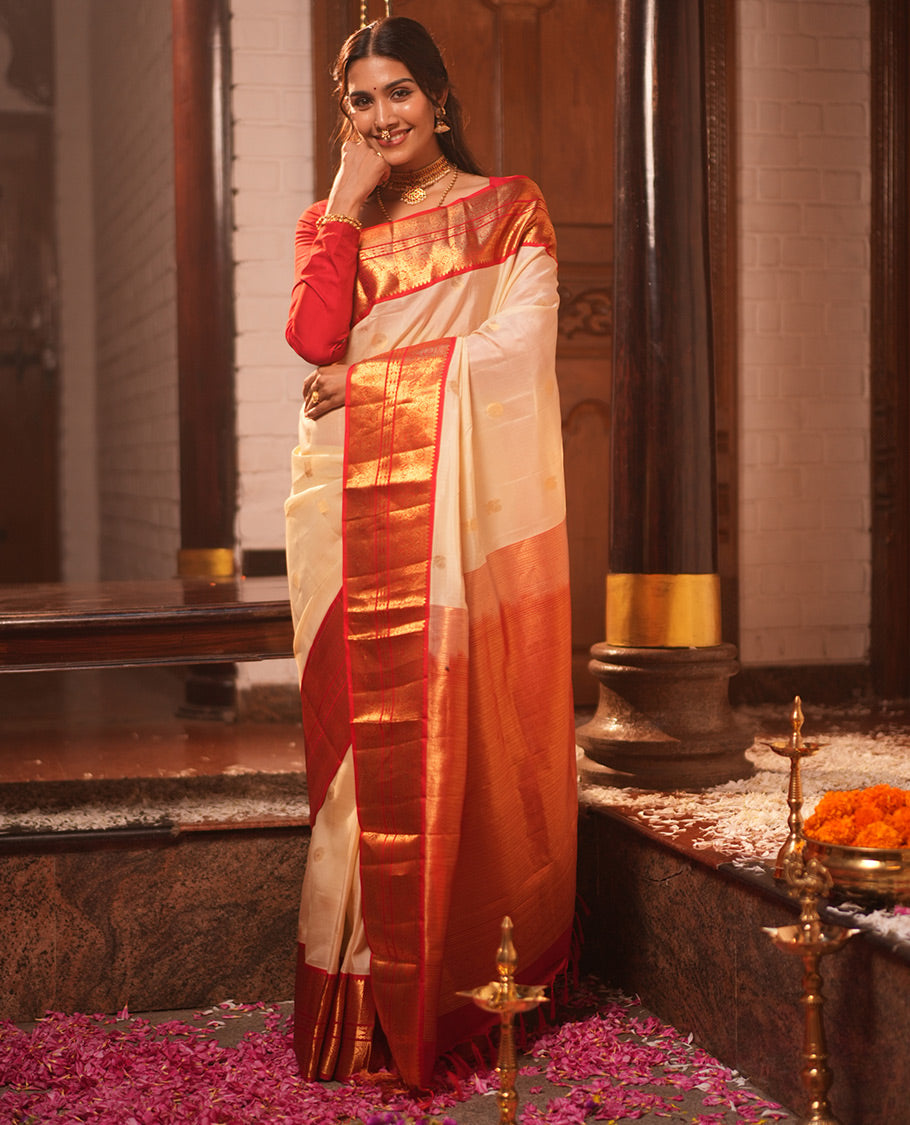 Off-White-Red Vasundhara Lite Silk Mix Saree