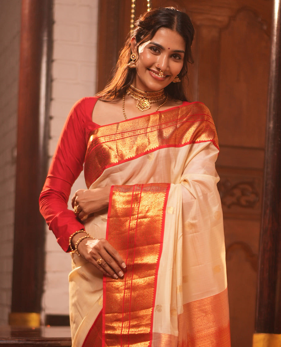 Off-White-Red Vasundhara Lite Silk Mix Saree