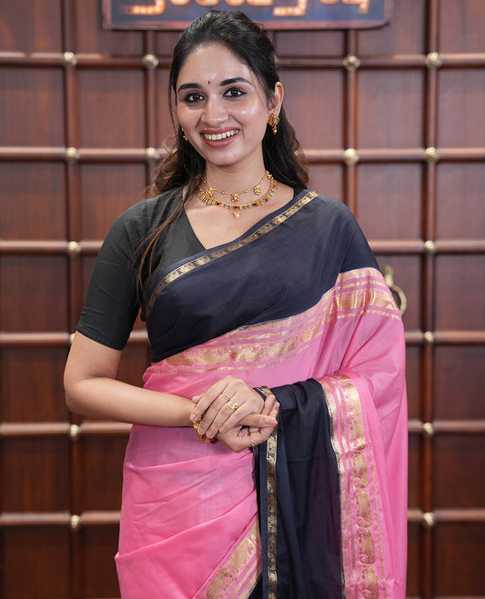 Pink Plain Art Mysore Silk Saree, a Contrast Traditional Zari Border, Zari Striped Pallu, and a Contrast Blouse