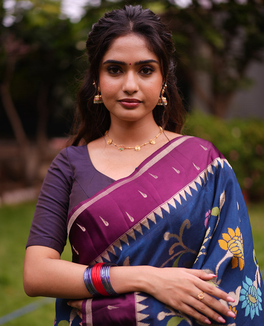 Navy Paithani Floral Organza Saree, Contrast Temple Border, Contrast Blouse