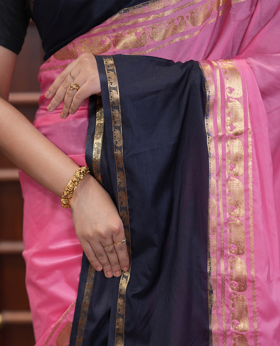 Pink Plain Art Mysore Silk Saree, a Contrast Traditional Zari Border, Zari Striped Pallu, and a Contrast Blouse