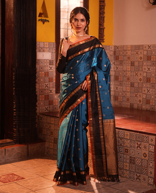 Blue Buttas Vasundhara Lite Silkmix Saree, Contrast Rettai-Pettu Border, Contrast Blouse