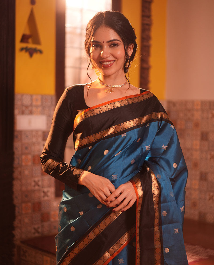 Blue Buttas Vasundhara Lite Silkmix Saree, Contrast Rettai-Pettu Border, Contrast Blouse