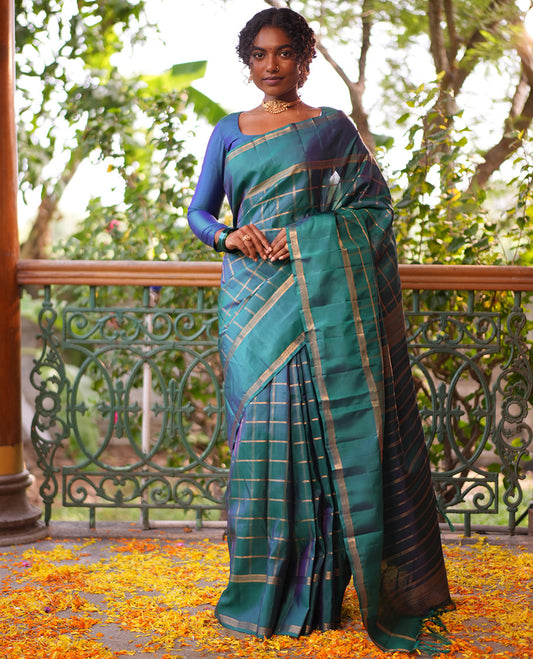 Peacock Blue Vasundhara Lite Silk Mix Saree