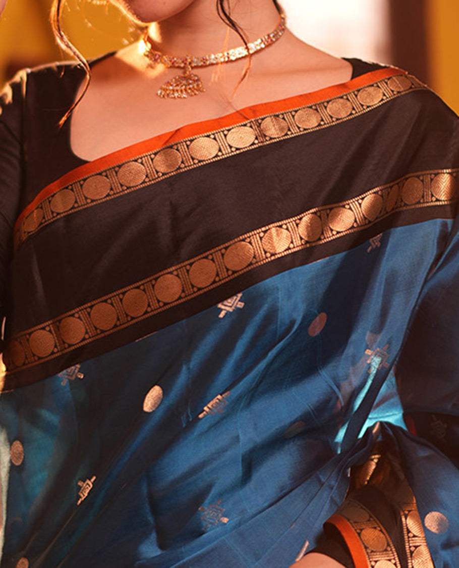 Blue Buttas Vasundhara Lite Silkmix Saree, Contrast Rettai-Pettu Border, Contrast Blouse
