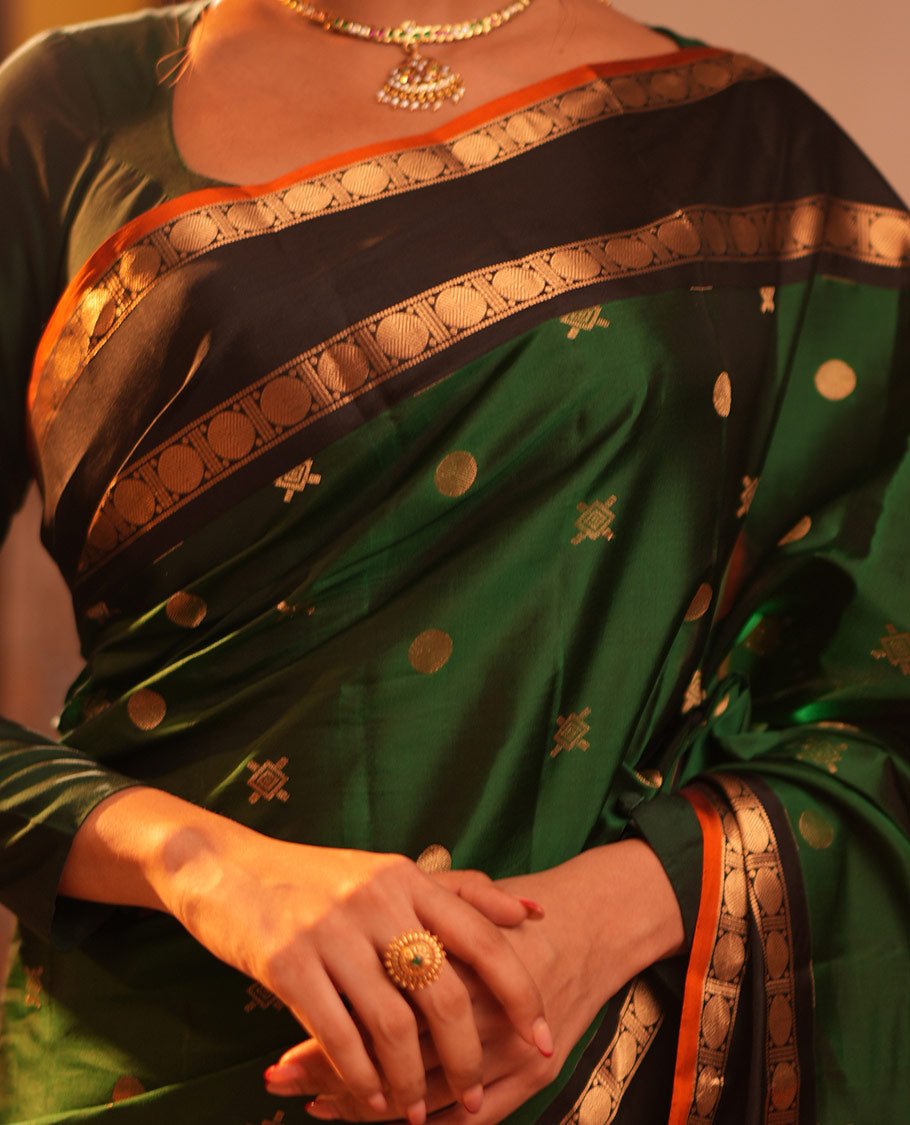 Green Buttas Vasundhara Lite Silkmix Saree, Contrast Rettai-Pettu Border, Contrast Blouse