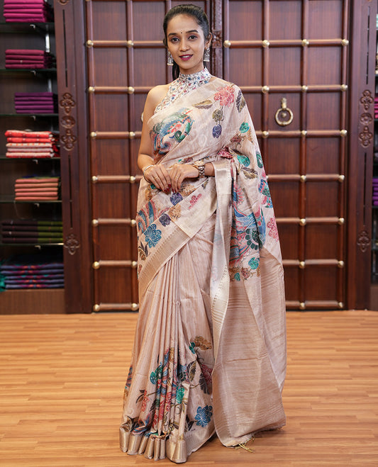 Cream floral, peacock printed design khicha tussar silk saree with zari jacquard border & jute weaving, chit pallu along with plain blouse