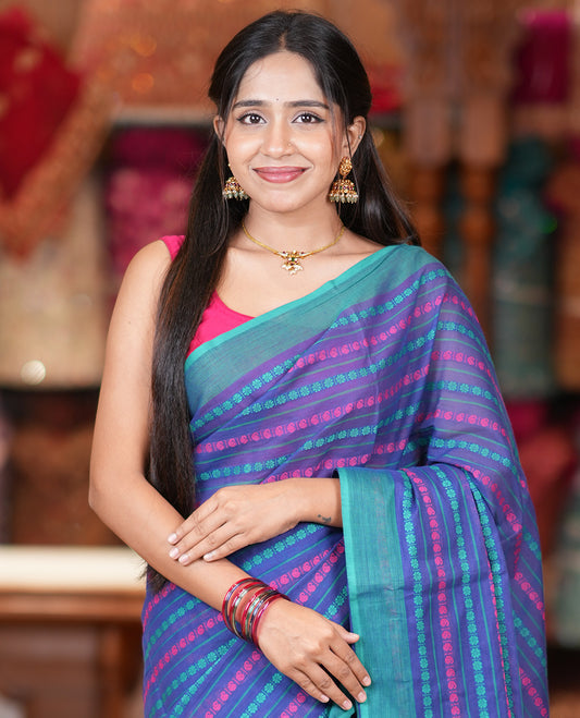 Royal Blue Chettinad Cotton Saree, Finely Crafted with Thread Buttas, a Contrast Border, Thread Pallu, and No Blouse