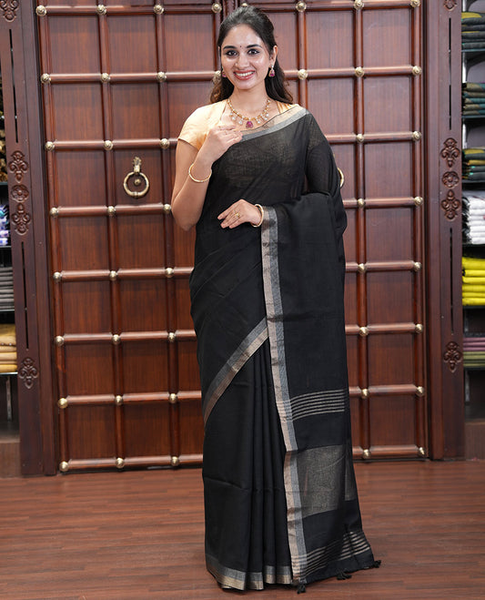 Black Plain Linen Cotton Saree, a Subtle Zari Border, a Self-Pallu, and Matching Blouse