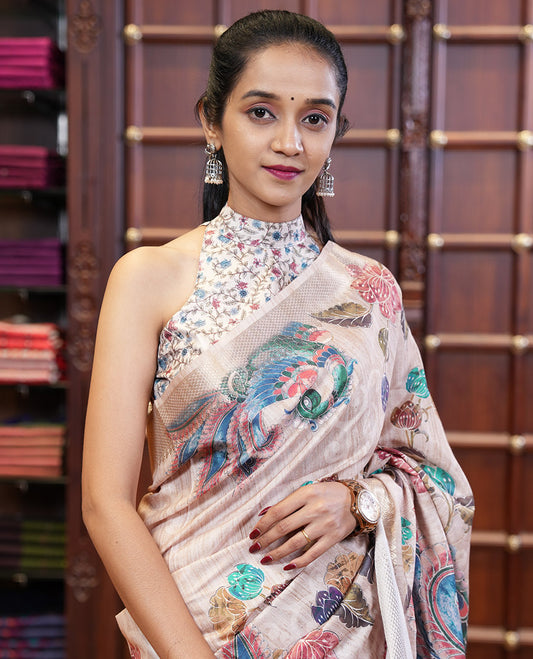 Cream floral, peacock printed design khicha tussar silk saree with zari jacquard border & jute weaving, chit pallu along with plain blouse