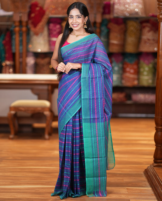 Royal Blue Chettinad Cotton Saree, Finely Crafted with Thread Buttas, a Contrast Border, Thread Pallu, and No Blouse