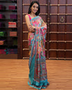 Blue geometric design, mirror work synon silk saree with printed border, mirror work & printed pallu along with plain blouse