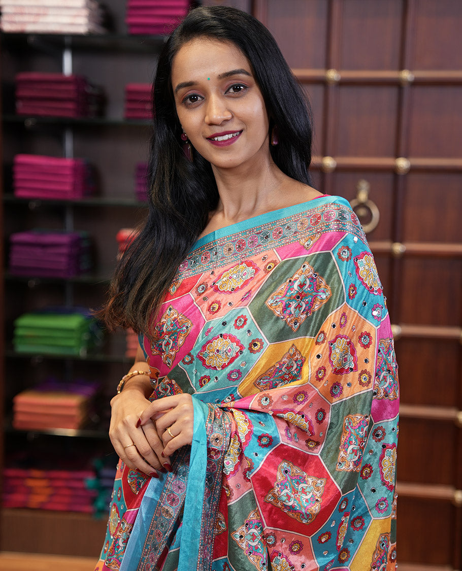 Blue geometric design, mirror work synon silk saree with printed border, mirror work & printed pallu along with plain blouse