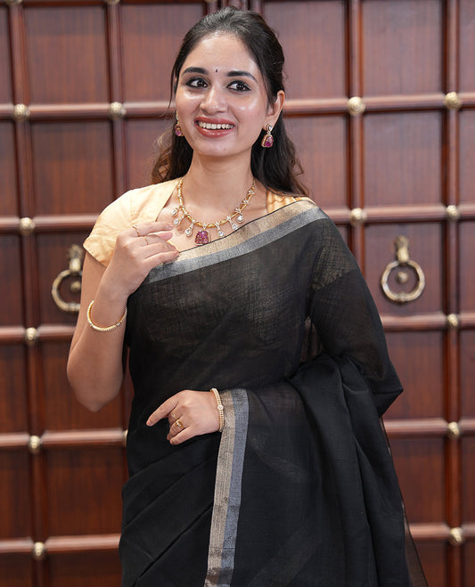 Black Plain Linen Cotton Saree, a Subtle Zari Border, a Self-Pallu, and Matching Blouse