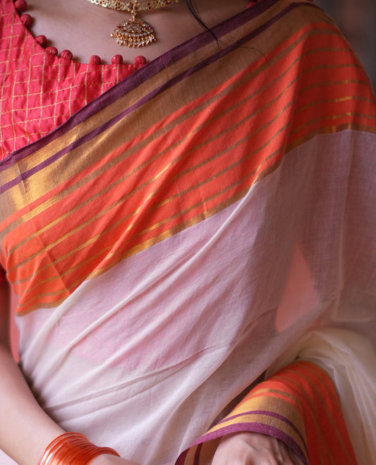 Cream Plain Khadi Mul Cotton Saree, Complemented by a Contrast Orange Border of Zari Stripes, a Self-Pallu, and Has No Blouse