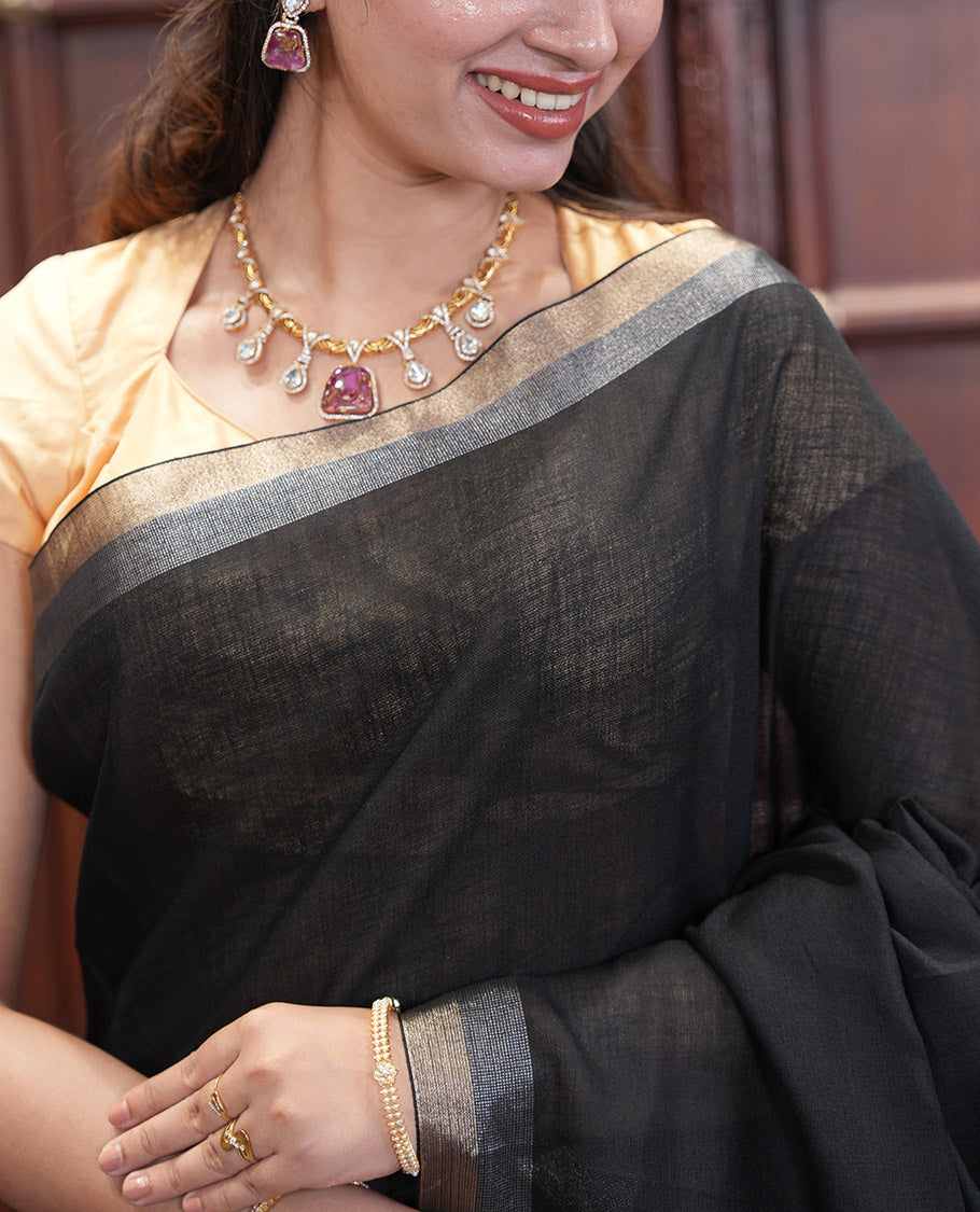 Black Plain Linen Cotton Saree, a Subtle Zari Border, a Self-Pallu, and Matching Blouse