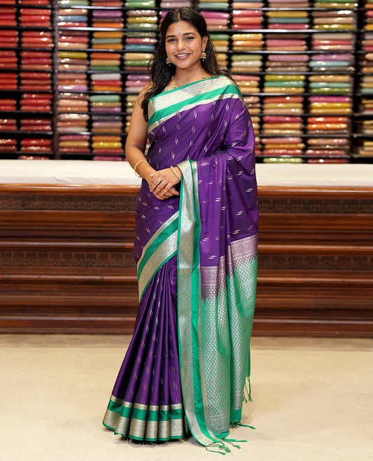 Violet zari butta semi soft silk saree with rettai pettu, diamond border grand pallu along with plain blouse