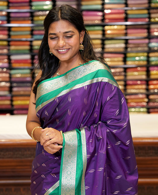 Violet zari butta semi soft silk saree with rettai pettu, diamond border grand pallu along with plain blouse