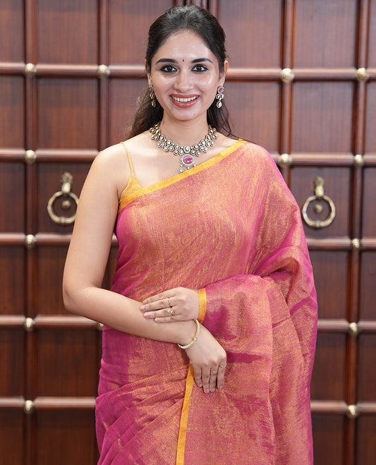 Borderless Light Purple Plain Khadi Tissue Saree, a Self-Striped Pallu, and a Matching Blouse