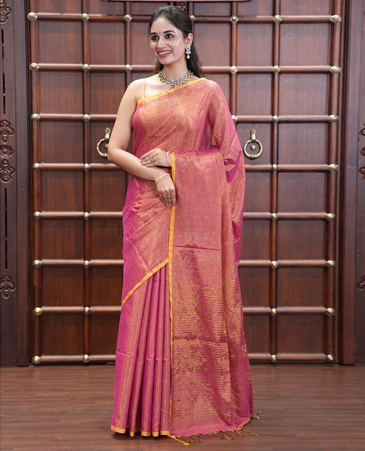 Borderless Light Purple Plain Khadi Tissue Saree, a Self-Striped Pallu, and a Matching Blouse