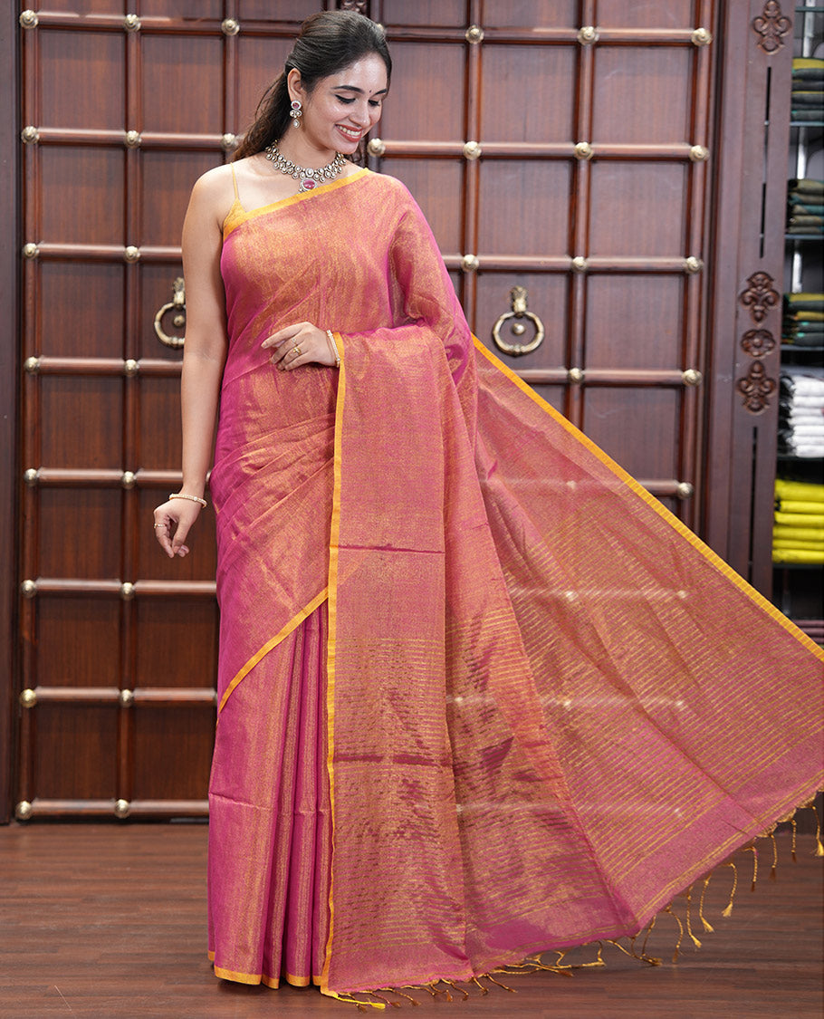 Borderless Light Purple Plain Khadi Tissue Saree, a Self-Striped Pallu, and a Matching Blouse