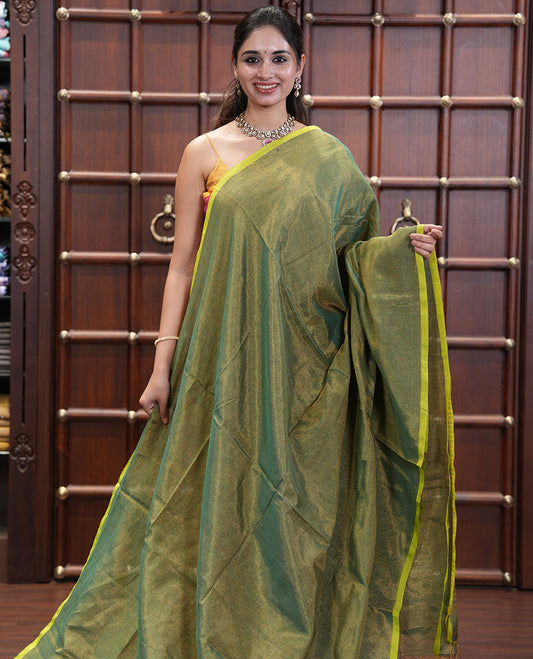 Borderless Green Plain Khadi Tissue Saree, a Self-Striped Pallu, and a Matching Blouse