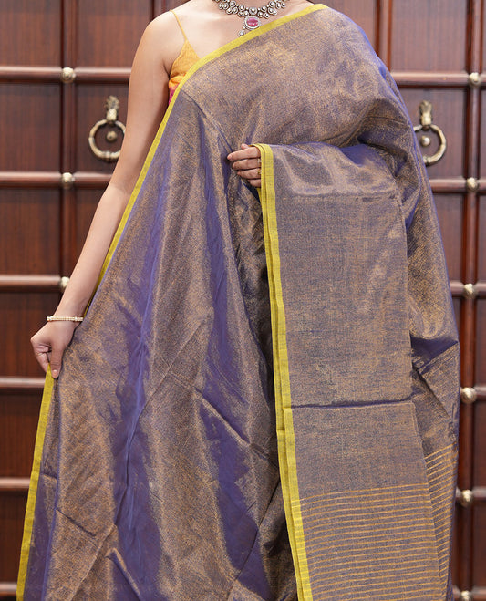 Borderless Navy Blue Plain Khadi Tissue Saree, a Self-Striped Pallu, and a Matching Blouse