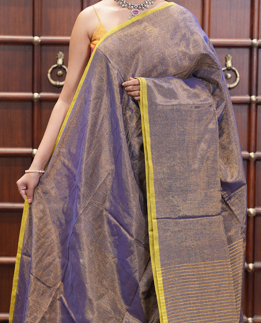 Borderless Navy Blue Plain Khadi Tissue Saree, a Self-Striped Pallu, and a Matching Blouse