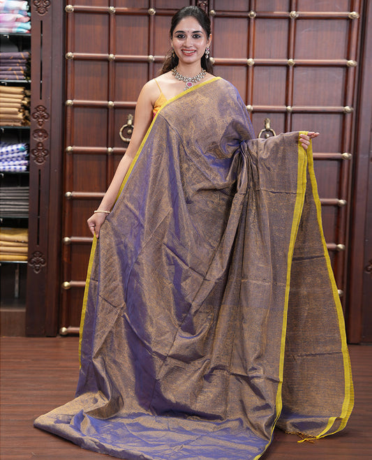 Borderless Navy Blue Plain Khadi Tissue Saree, a Self-Striped Pallu, and a Matching Blouse
