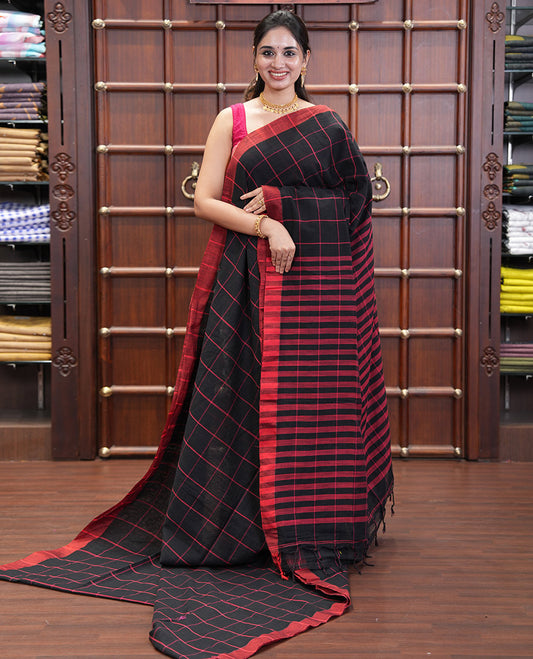 Black Checked Khadi Linen Saree, a Contrast Border, Striped Pallu, and Matching Blouse