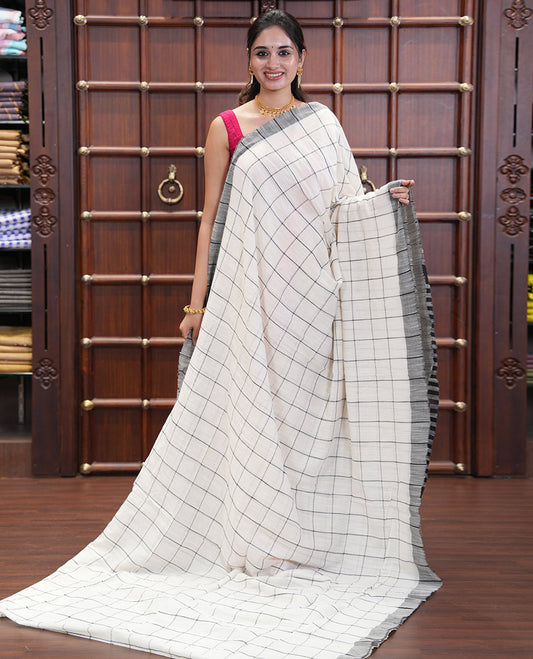 White Checked Khadi Linen Saree, a Contrast Border, Striped Pallu, and Matching Blouse