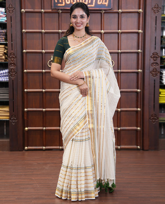 Cream Khadi Mul Cotton Saree, Woven with Horizontal Stripes On Its Body, Subtle Zari Border, Stripes Pallu, and Paired with a Matching Blouse