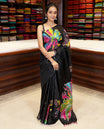 Borderless Black floral digital print semi khadhi silk saree with digital printed blouse & printed blouse