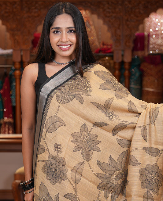 Chikku Jute Linen Saree, Elevated with Floral Vine Print, a Contrast Zari Border, Geometric Printed Pallu, and a Contrast Blouse