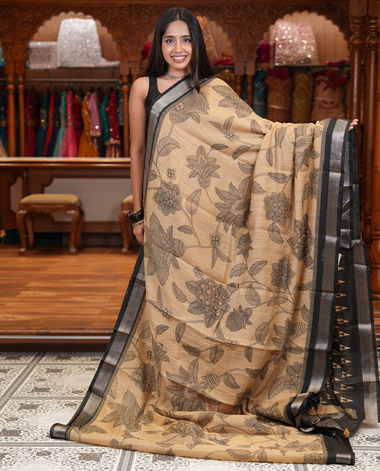 Chikku Jute Linen Saree, Elevated with Floral Vine Print, a Contrast Zari Border, Geometric Printed Pallu, and a Contrast Blouse