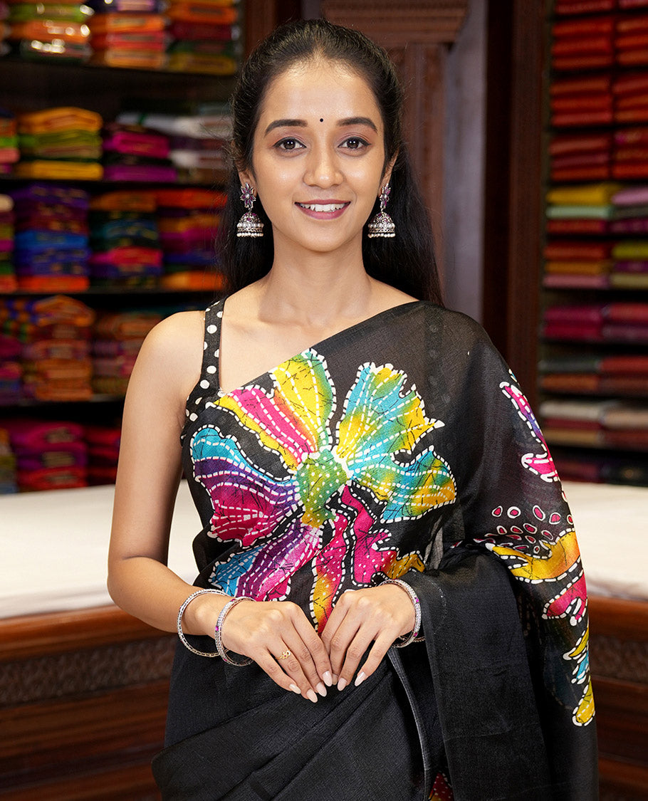 Borderless Black floral digital print semi khadhi silk saree with digital printed blouse & printed blouse