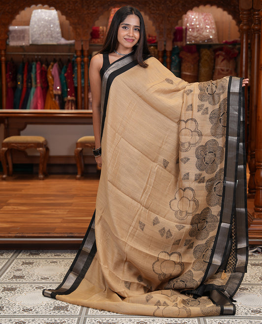 Chikku Jute Linen Saree, Embellished with Floral Print, a Contrast Zari Border, Geometric Printed Pallu, and a Contrast Blouse