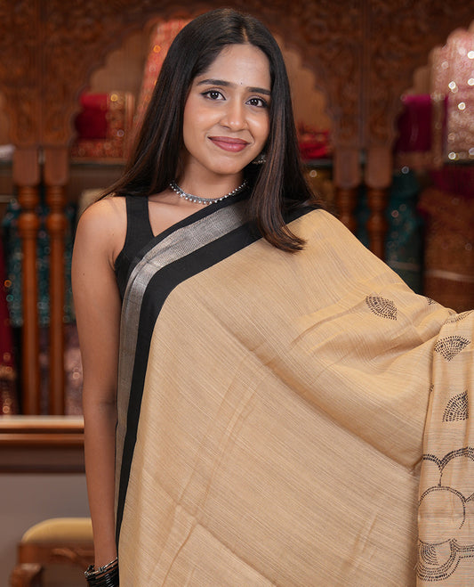 Chikku Jute Linen Saree, Embellished with Floral Print, a Contrast Zari Border, Geometric Printed Pallu, and a Contrast Blouse