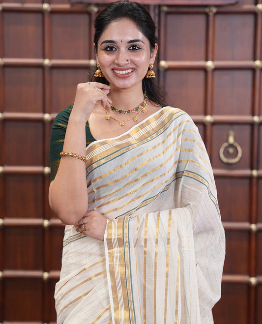 Cream Khadi Mul Cotton Saree, Woven with Horizontal Stripes On Its Body, Subtle Zari Border, Stripes Pallu, and Paired with a Matching Blouse