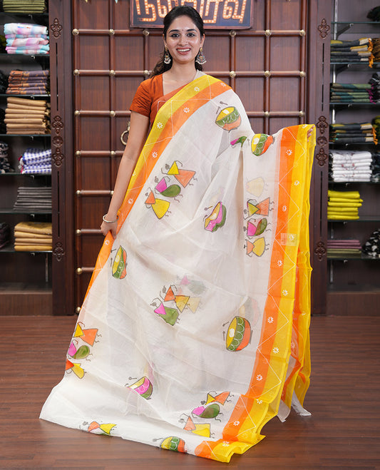 Cream Kota Doria Saree with Artful Warli Print, a Contrast Border, Village Printed Pallu, and a Matching Blouse