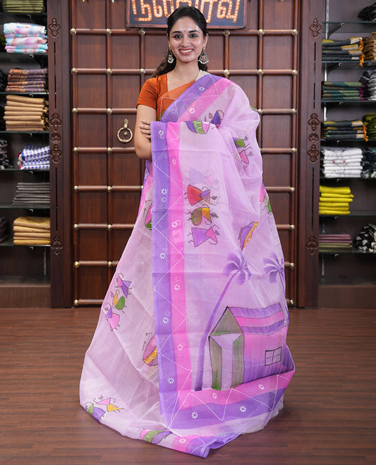 Lavender Kota Doria Saree with Artful Warli Print, a Contrast Border, Village Printed Pallu, and a Matching Blouse