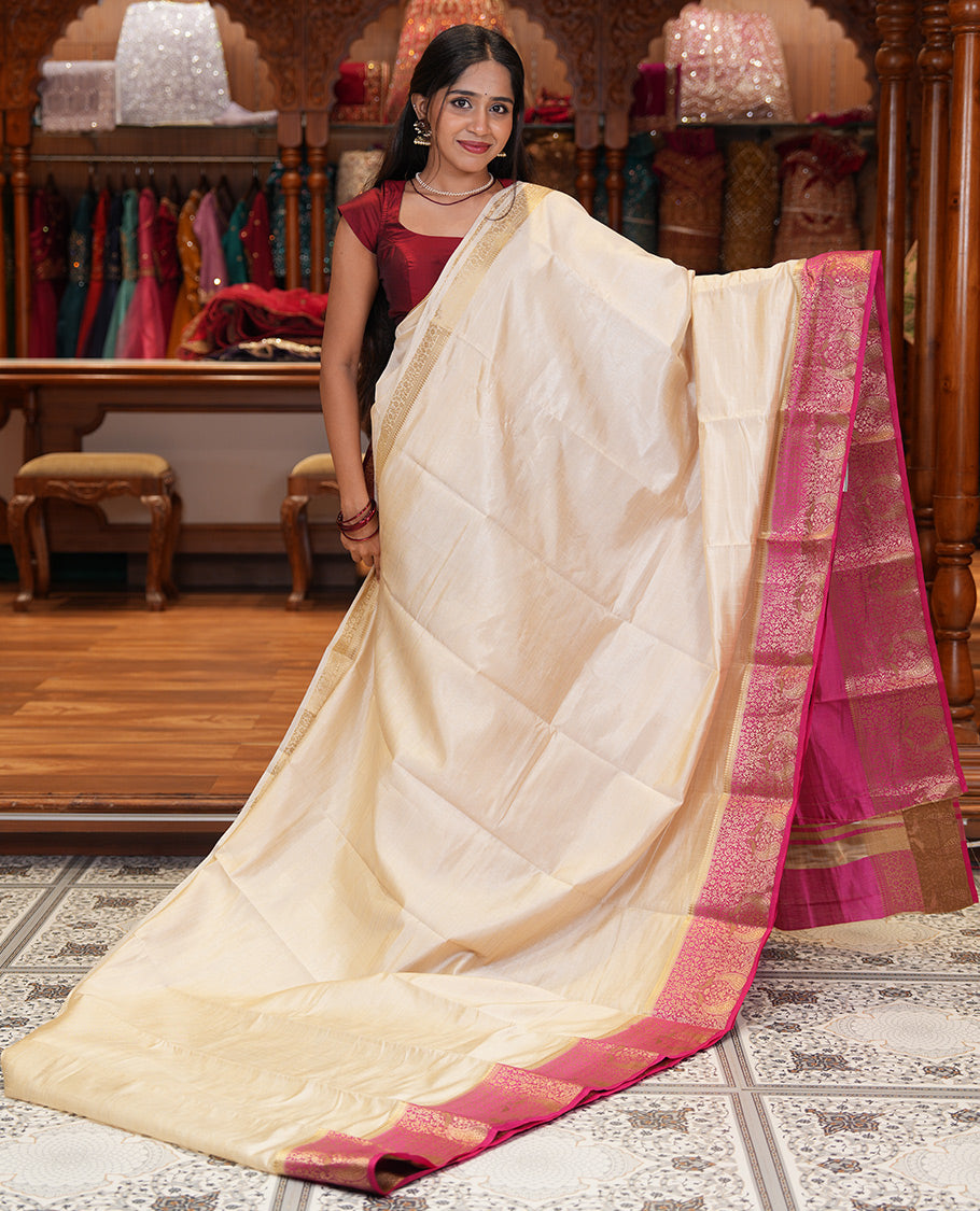 Cream-Rani Pink Plain Art Tussar Saree
