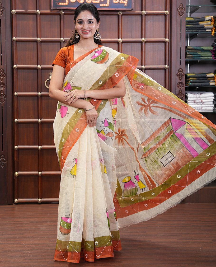 Chikku Kota Doria Saree with Artful Warli Print, a Contrast Border, Village Printed Pallu, and a Matching Blouse